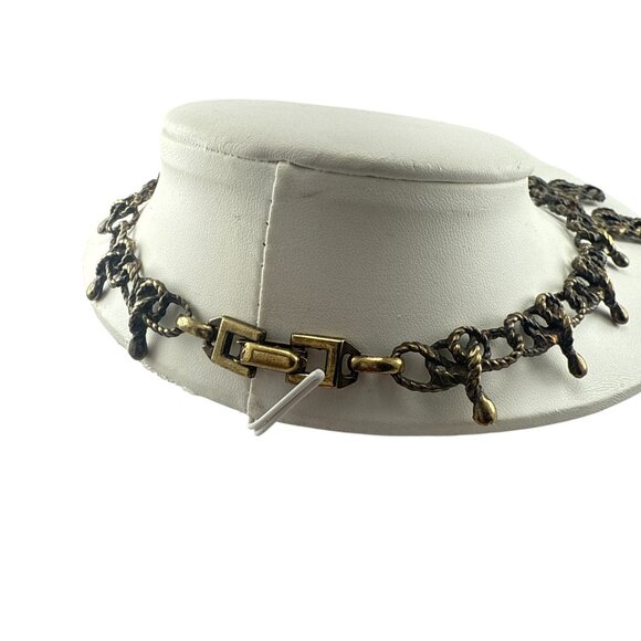 Vintage Brutalist Bronze Statement Necklace Textured Chain Dangle Pendant Choker - Picture 3 of 8